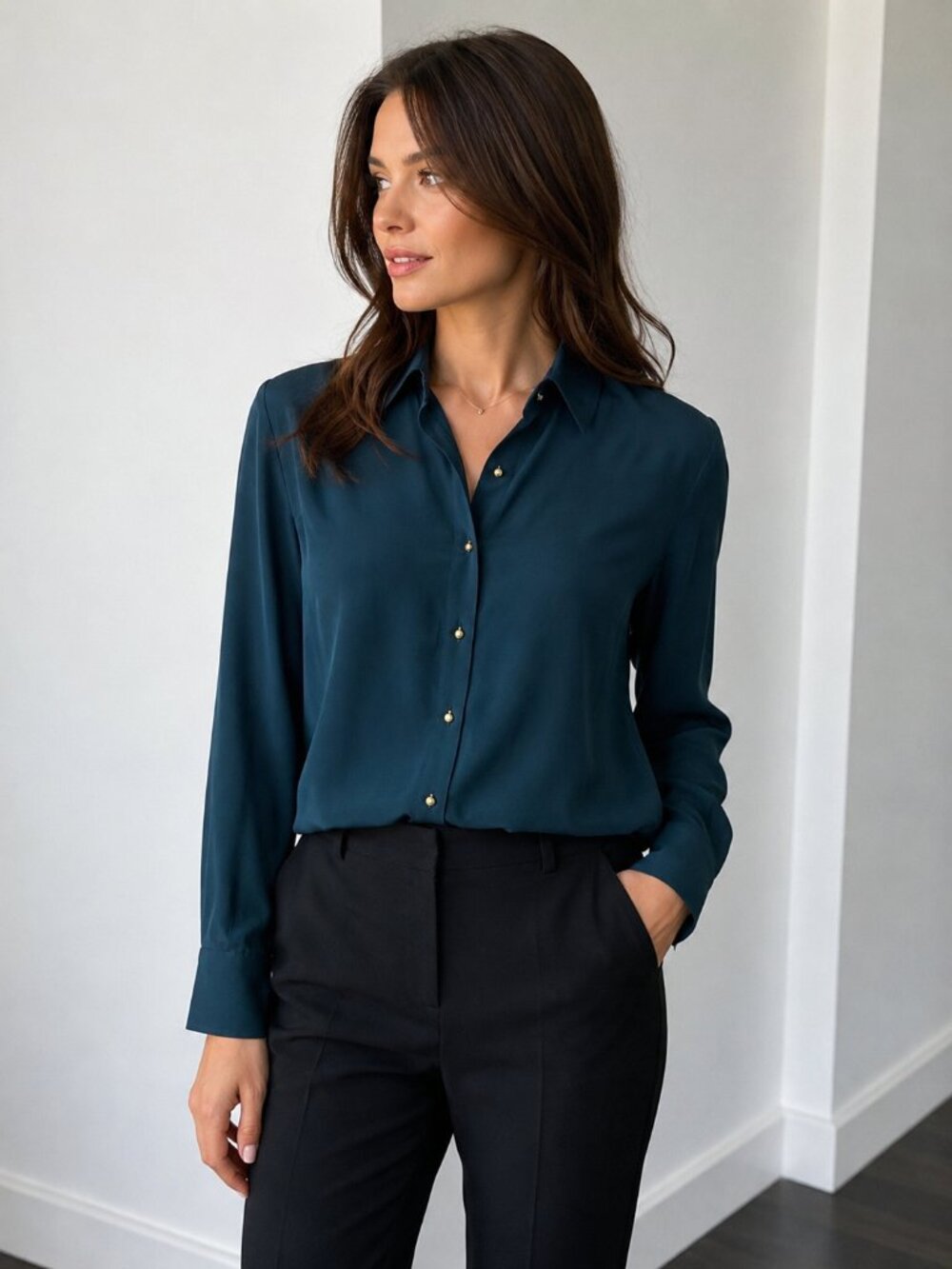 Ravella Silk Blouse Women's Teal Blue Goldtone Button Front Long Sleeve Shirt